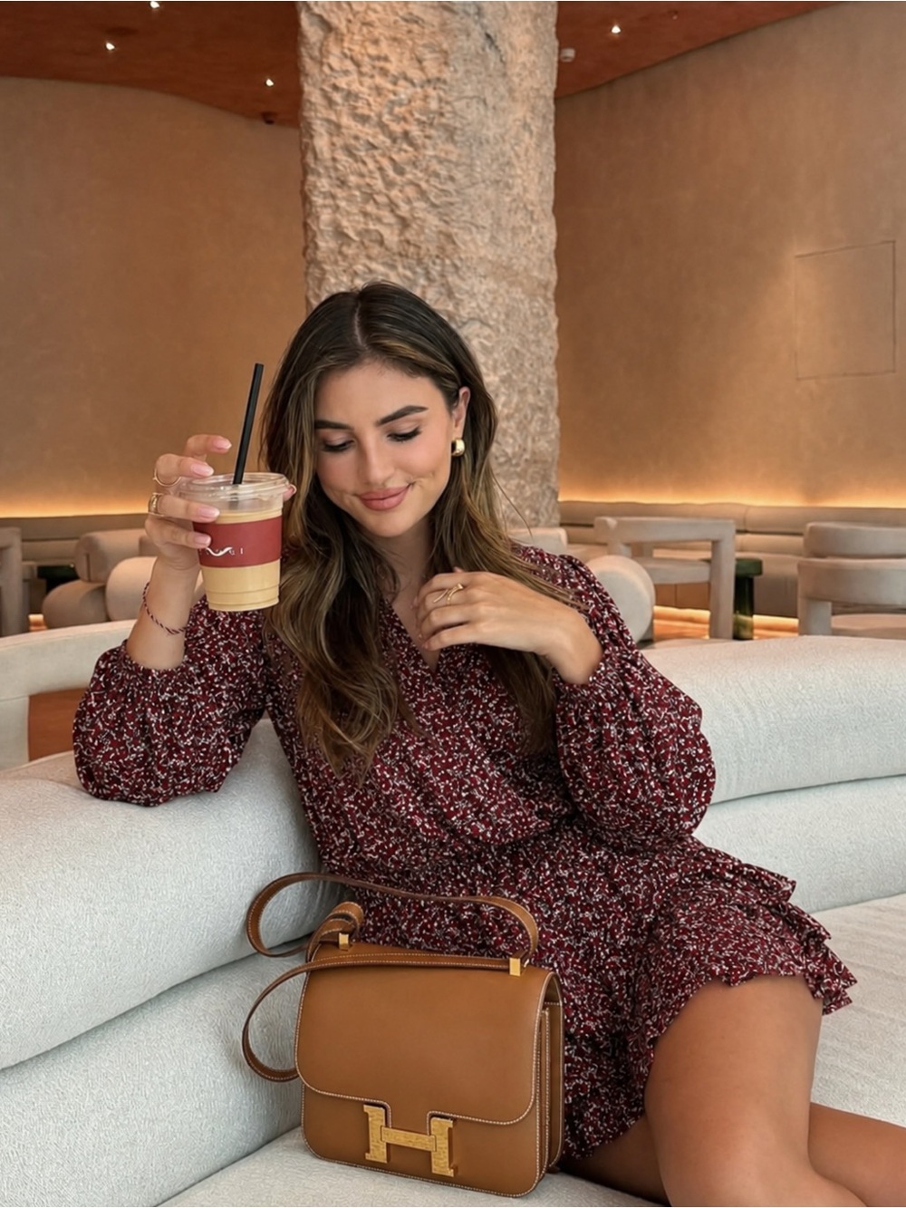 Michael Kors Floral Smocked Mini Dress Burgundy Long Sleeve V-Neck Size S - Picture 1 of 16